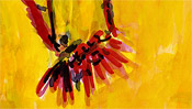 Expressive red head on yellow