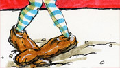 On his own feet