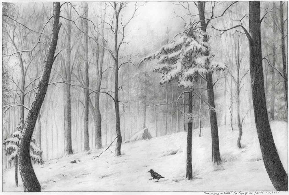 Drawing winter landscape forest