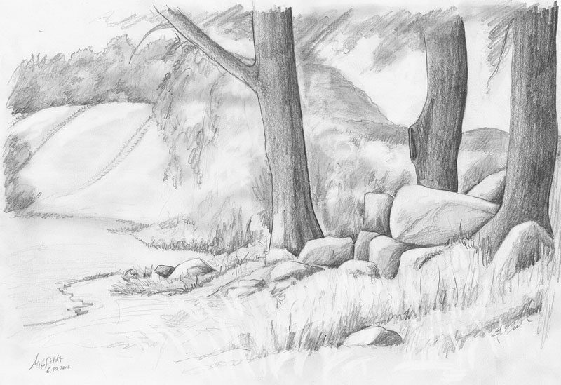 Pencil drawing of a landscape with megalithic grave