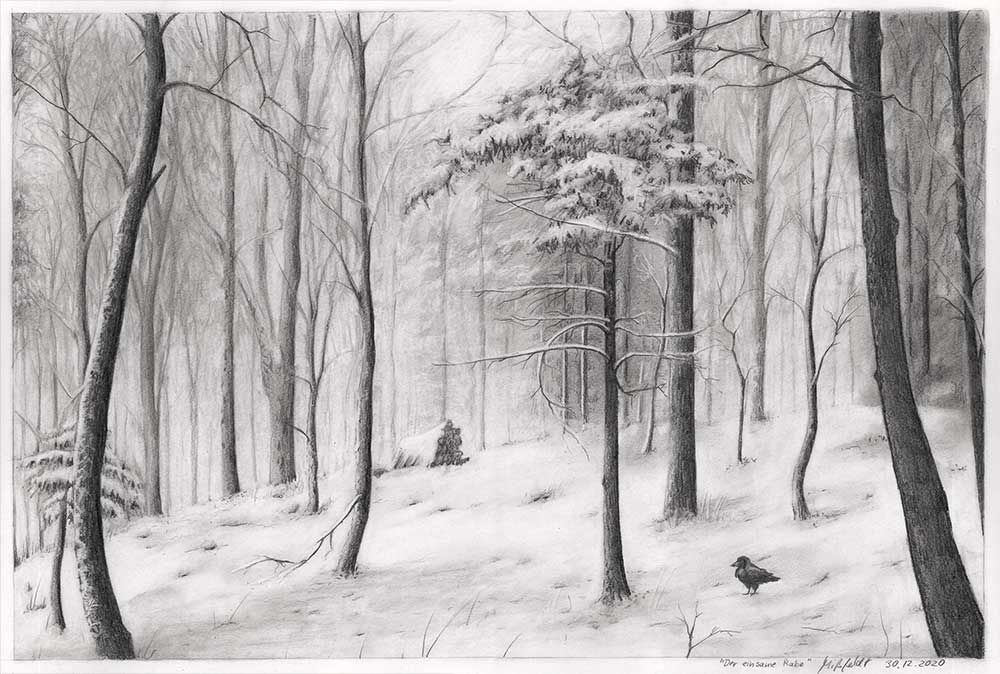 Pencil drawing snow landscape: snowy forest