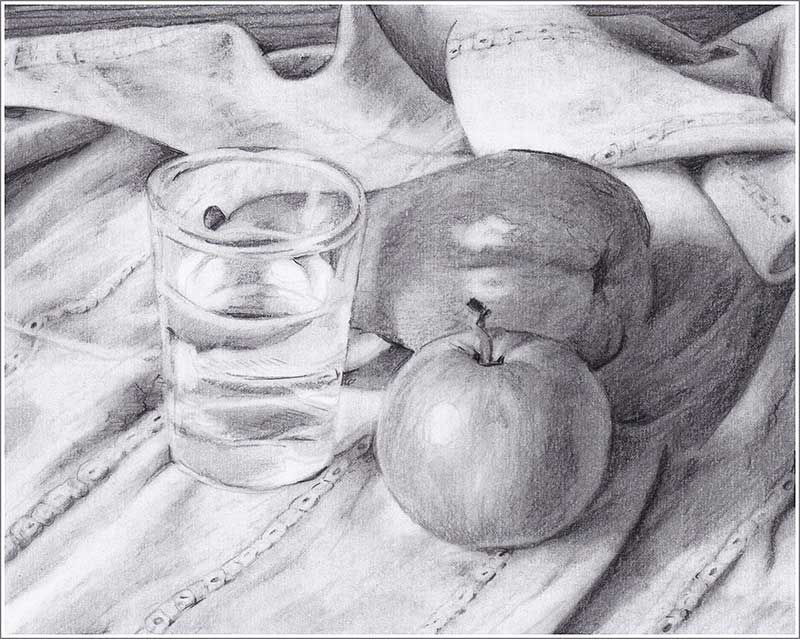 Still life with apple, pear and glass