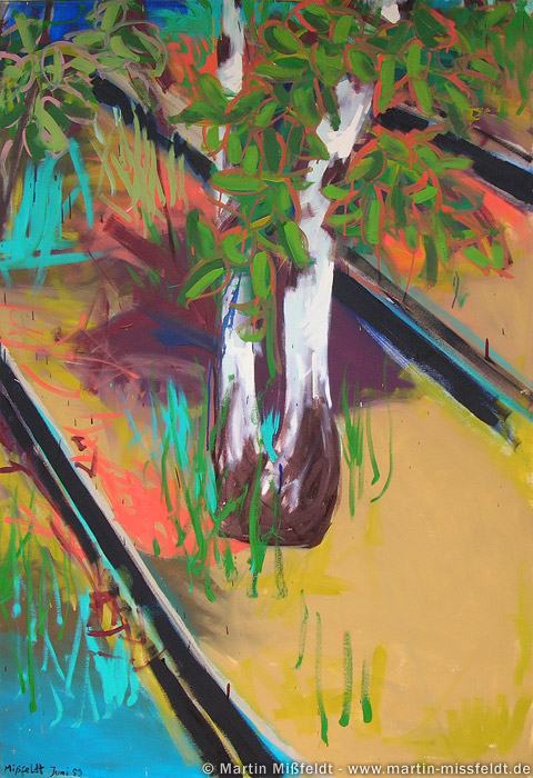 wild painting: tree and rail