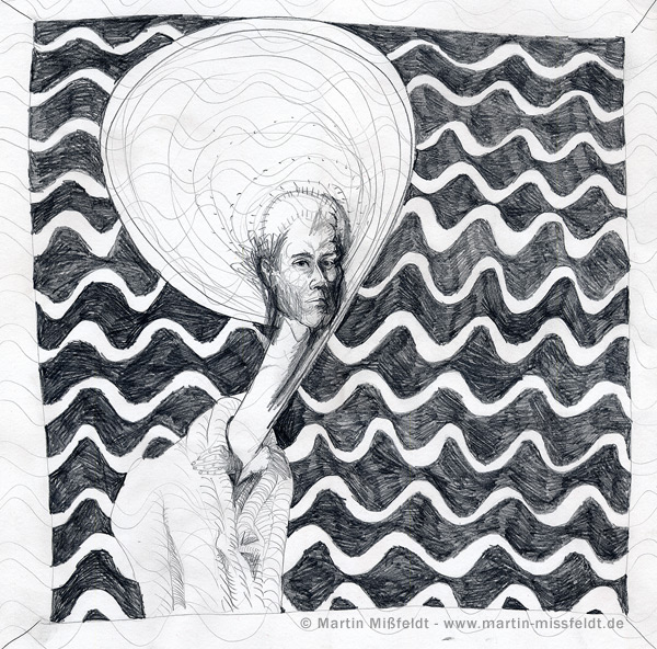 Pencil self-portrait with waves