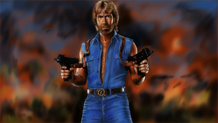 Cool Chuck Norris with fireguns and jeans