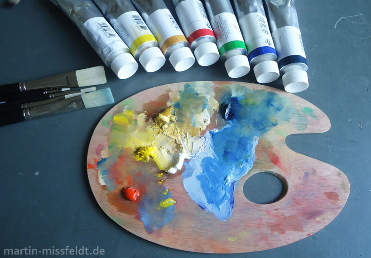 Oil painting technique: oil paints, colour palette and brushes